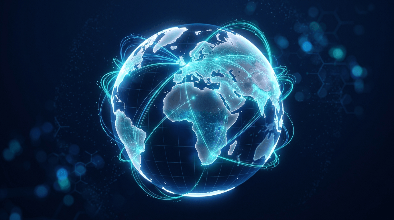Glowing globe with light trails connecting continents
