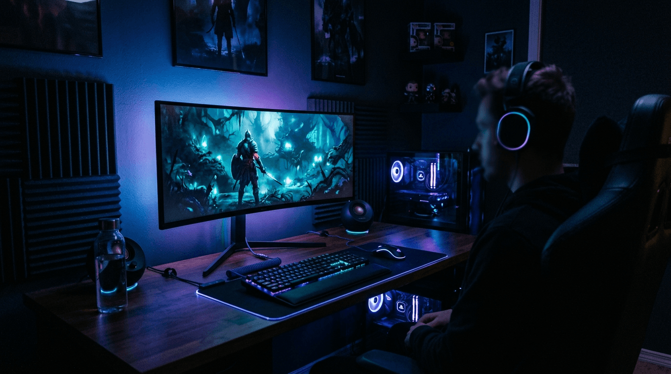 Gaming setup with RGB lighting in a dark room