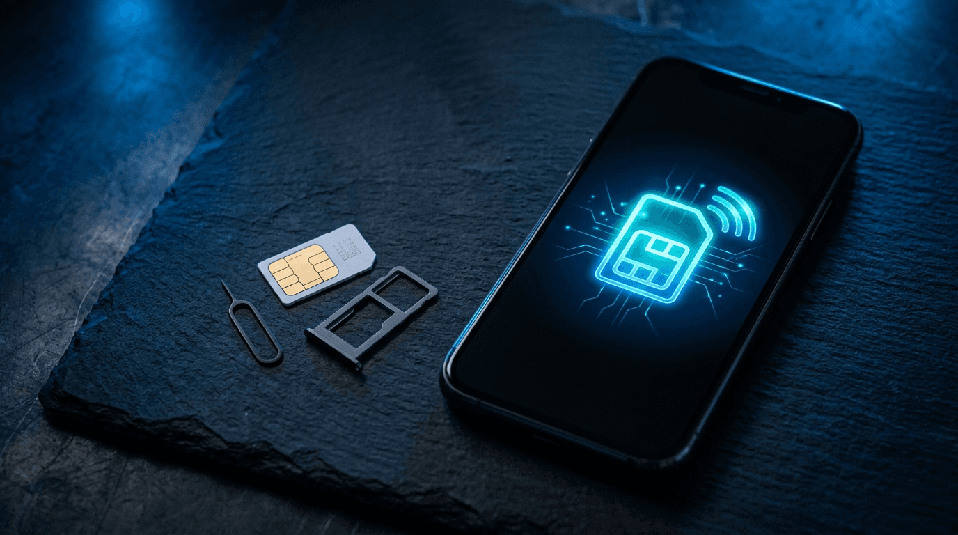 Physical SIM card next to a smartphone with digital SIM overlay
