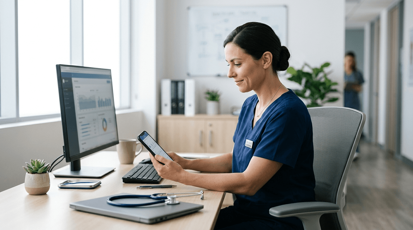 Healthcare professional using a smartphone at a medical office desk