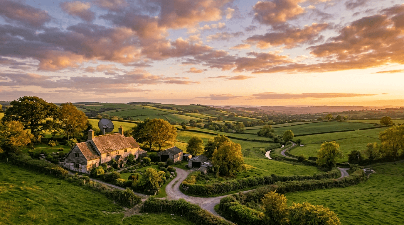 Rural farmhouse with satellite dish at golden hour