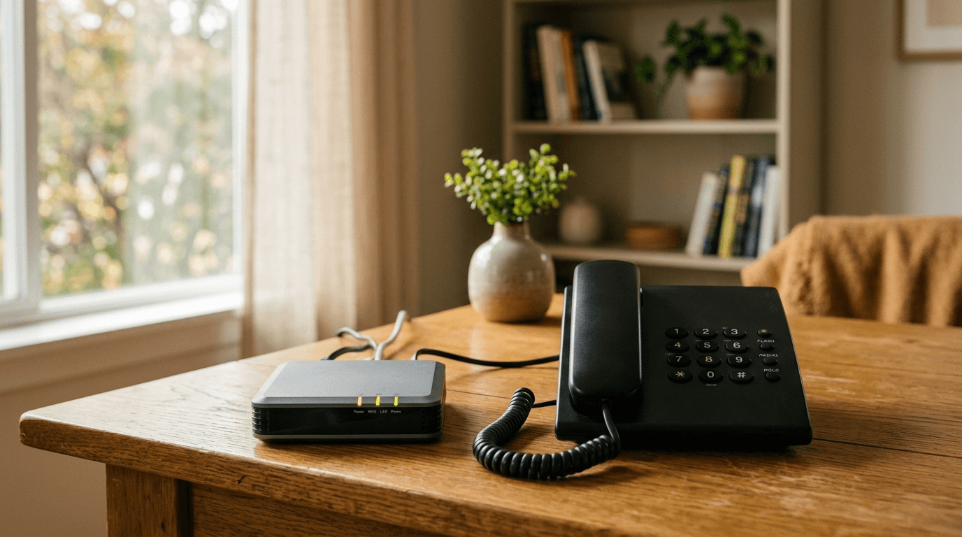 Home VoIP device next to a corded phone