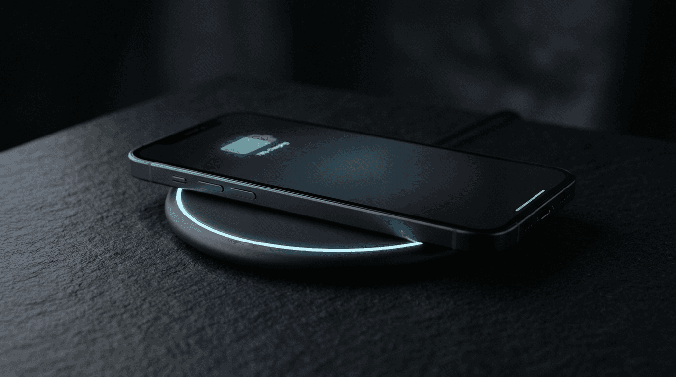 Smartphone on a glowing wireless charging pad