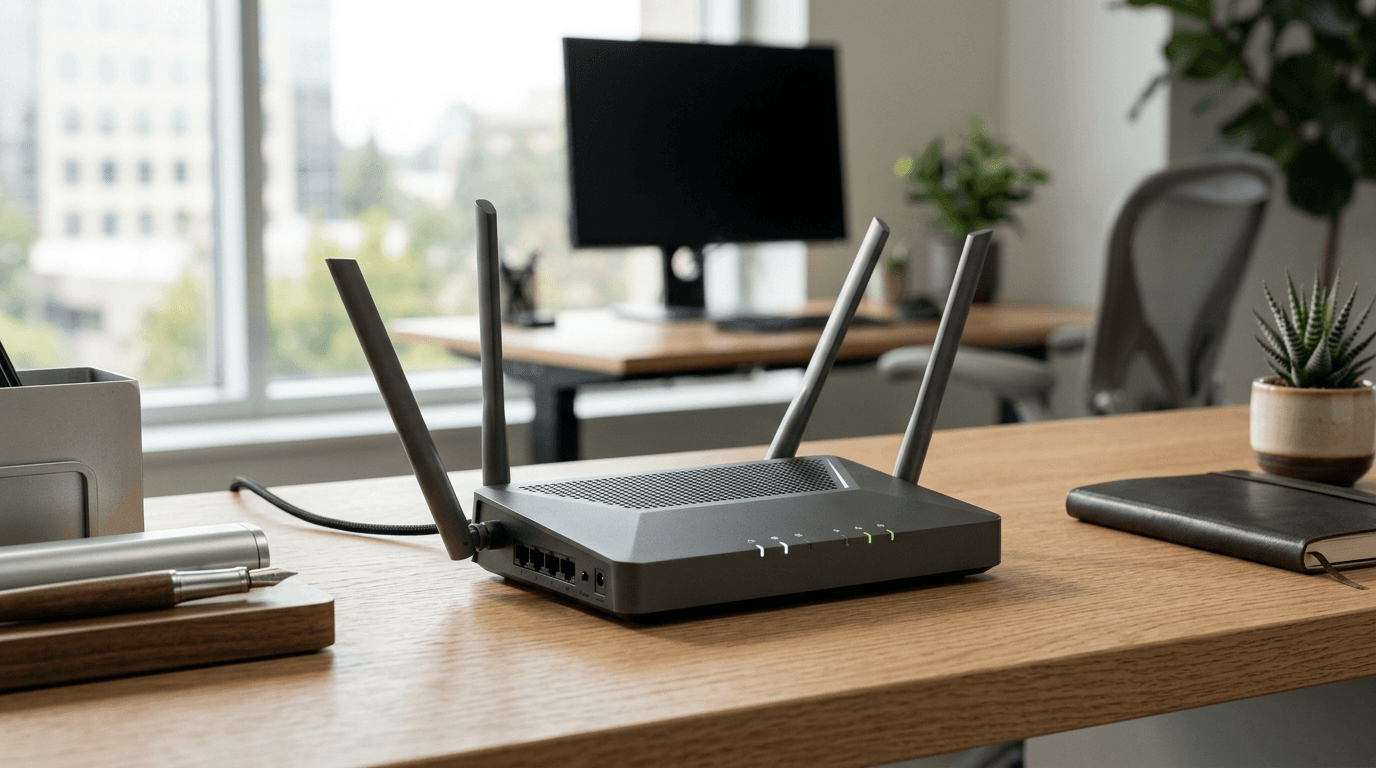 Sleek business-grade router on contemporary office desk