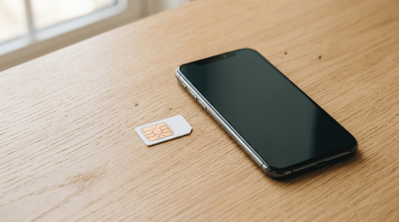 Prepaid SIM card and smartphone on light wood surface