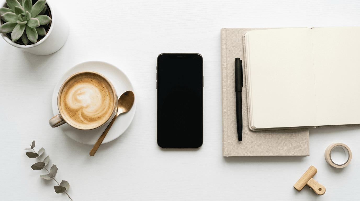 Smartphone and notebook on a white desk
