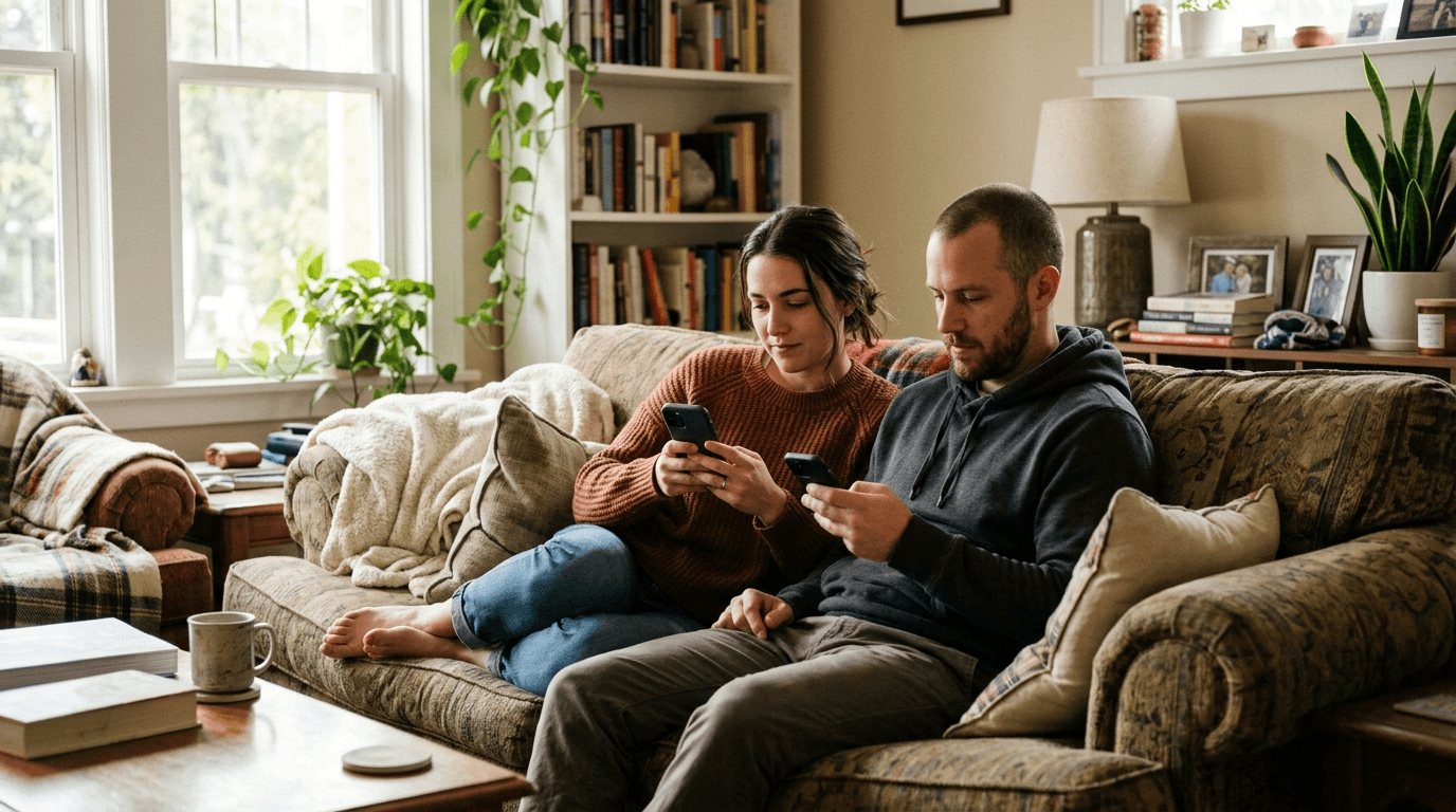 Couple using smartphones together in a comfortable home setting