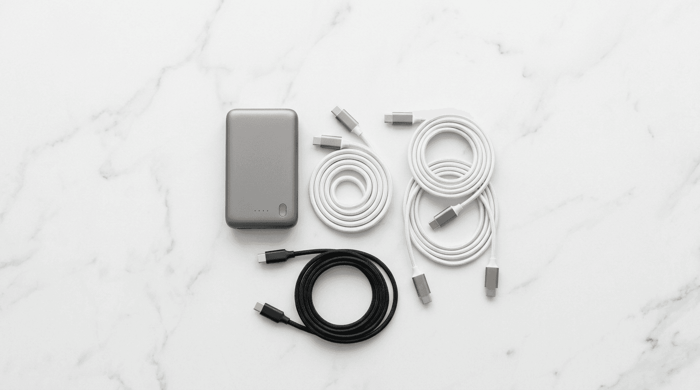 Power bank and USB-C cables on white marble