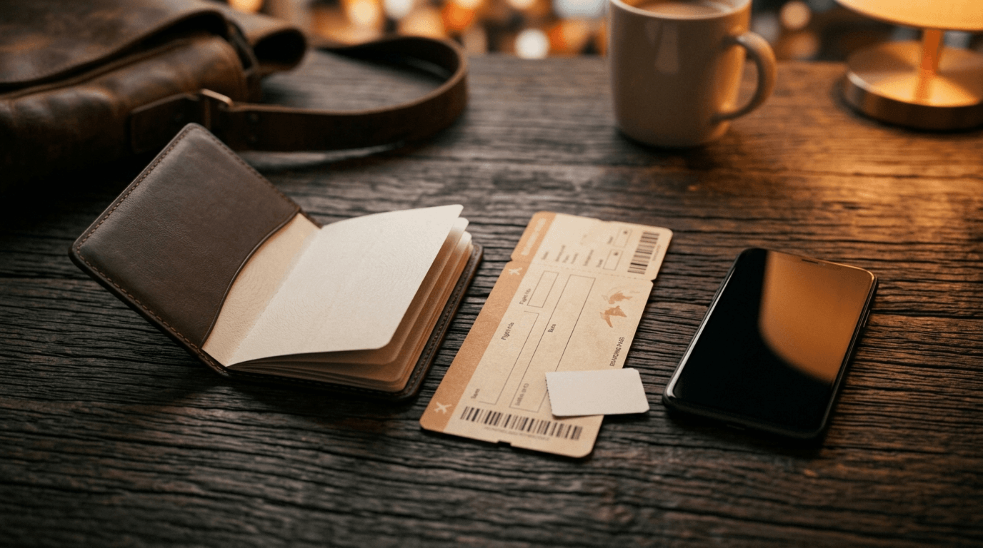 Passport and smartphone on dark wood surface