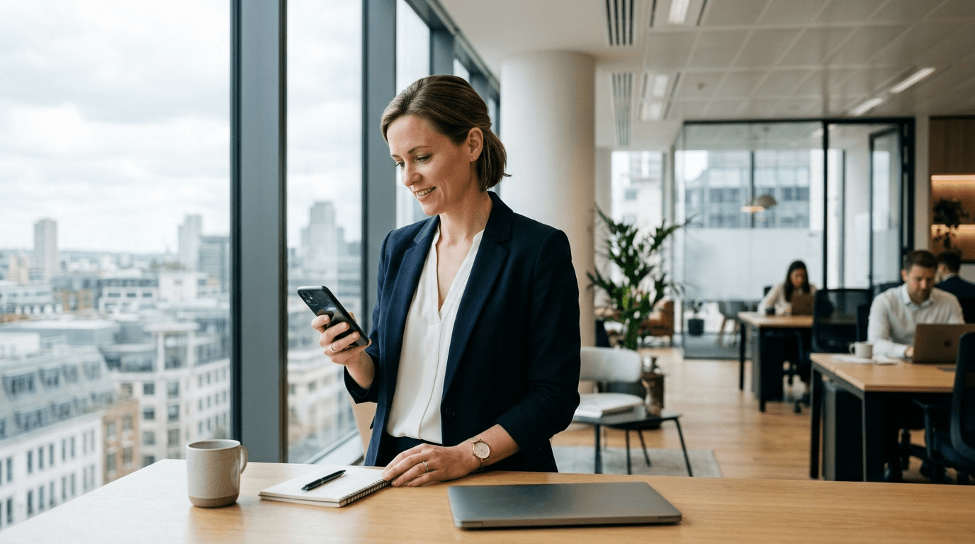 Business professional checking smartphone in modern office