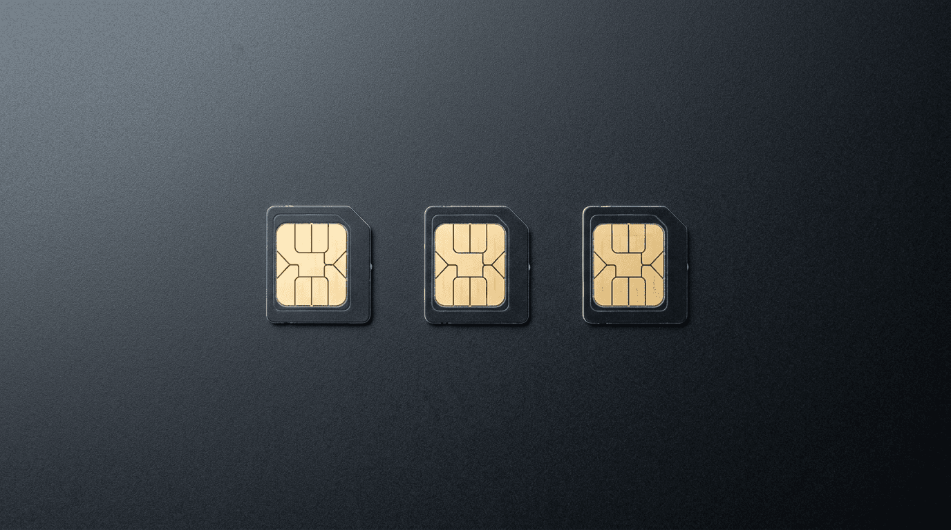 Three carrier SIM cards arranged on a dark surface