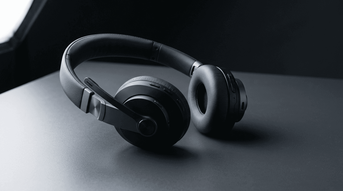 Premium wireless business headset on dark surface