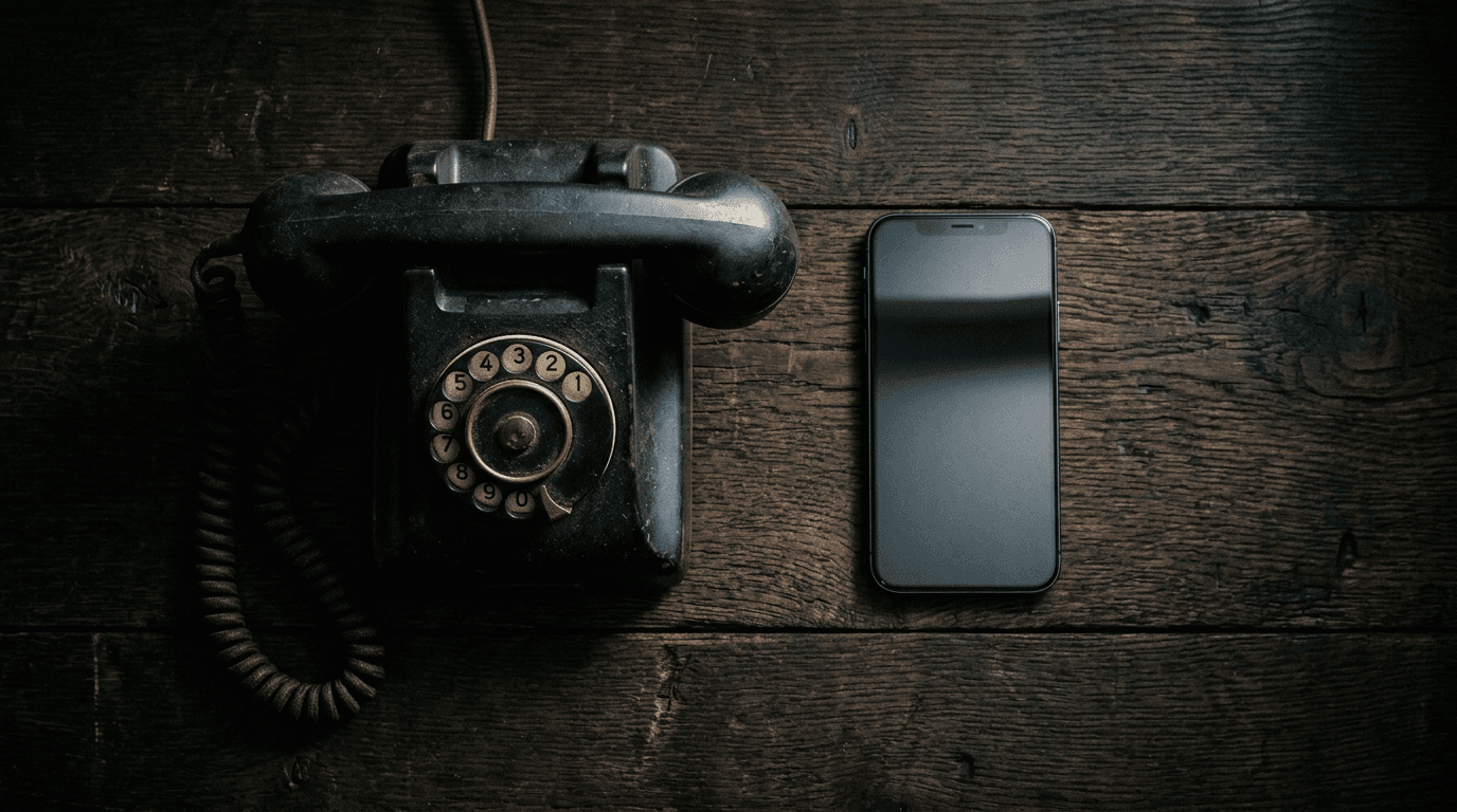 Old corded landline phone next to modern smartphone on dark wood