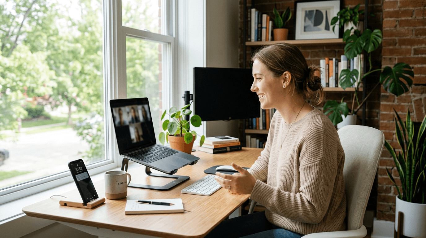 Person on a video call at a clean home office desk