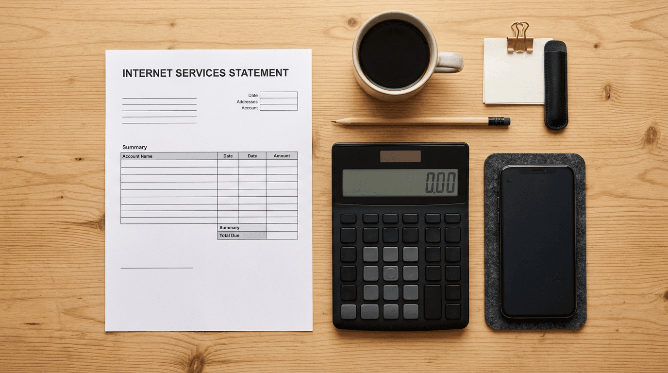 Internet bill calculator and smartphone on kitchen table