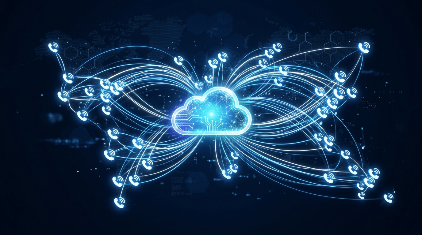 3D network diagram showing phones connecting through the cloud