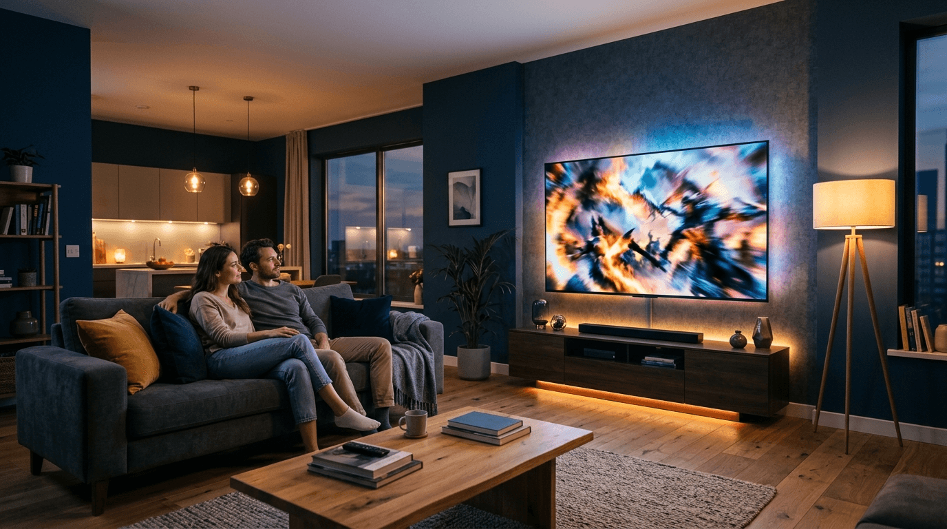 Modern living room with large TV streaming content