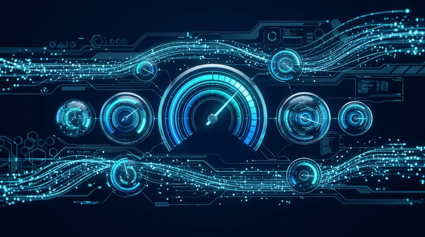 3D data streams and speedometer gauges on dark background