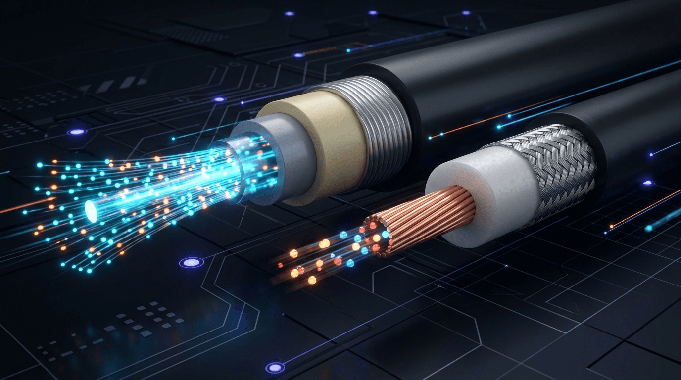 3D cross-section of fiber optic and coaxial cables