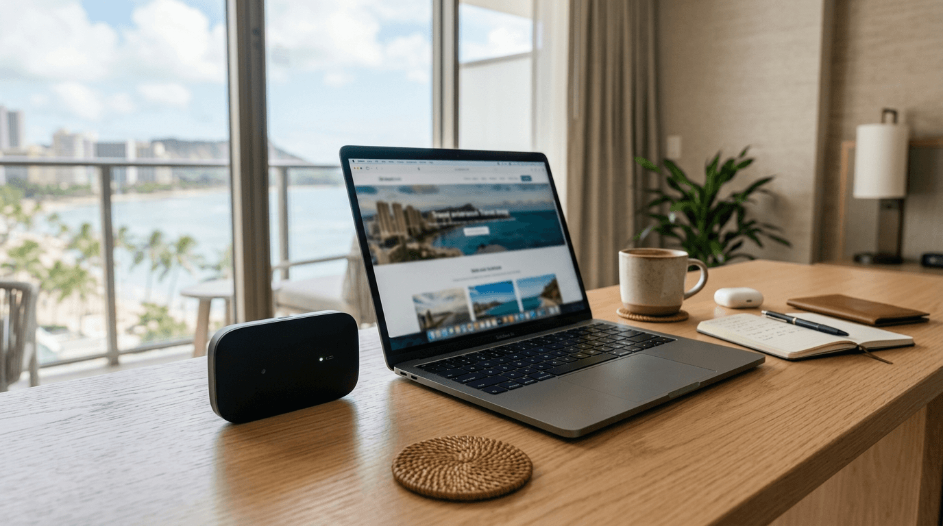 Portable mobile hotspot device on a travel desk with laptop