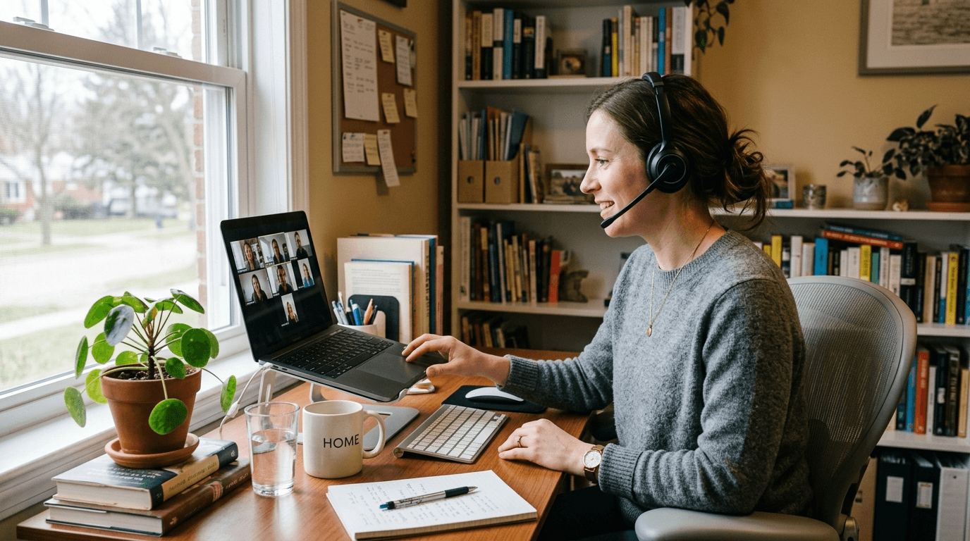 Person on a video call at a home office with headset