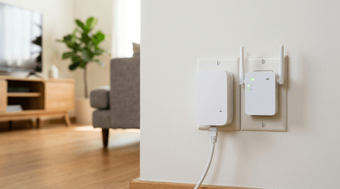 Powerline adapter and Wi-Fi extender plugged in side by side