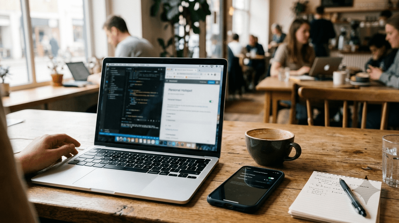 Laptop tethered to a smartphone hotspot in a cafe