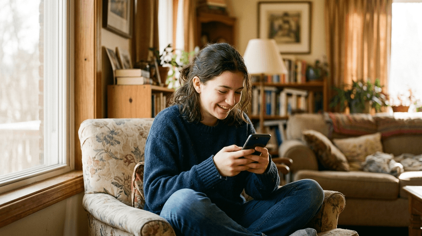 Young teen using a smartphone in a sunlit room