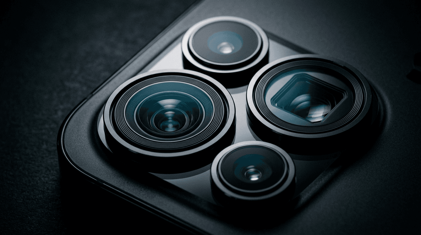 Close-up of multiple phone camera lenses with dramatic lighting