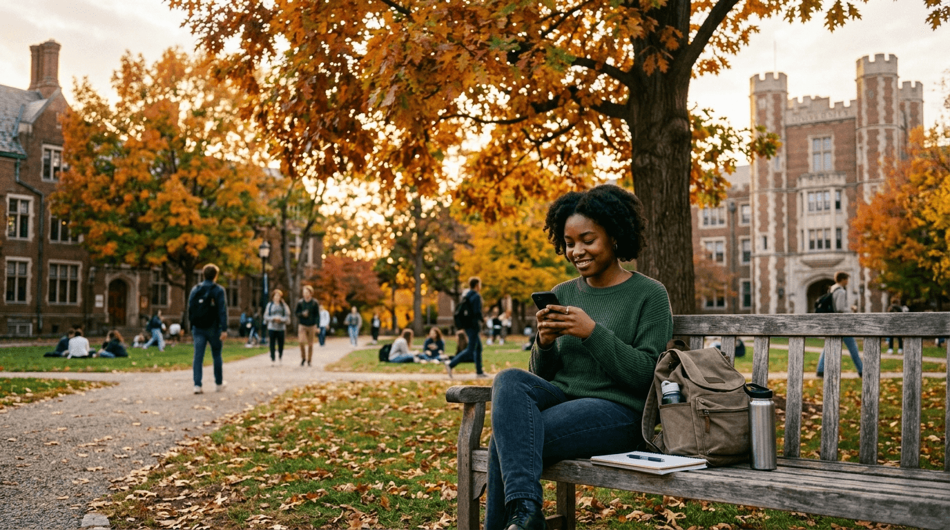 College student using a smartphone on a campus quad