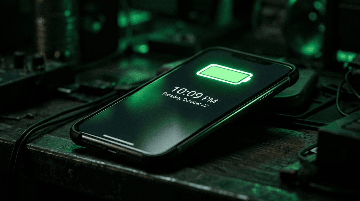 Smartphone with a glowing full-battery indicator on screen