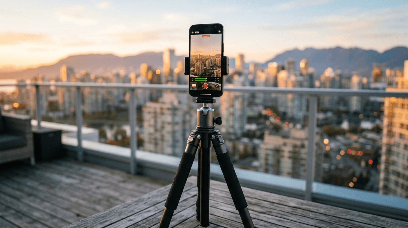 Smartphone mounted on a tripod with cityscape background