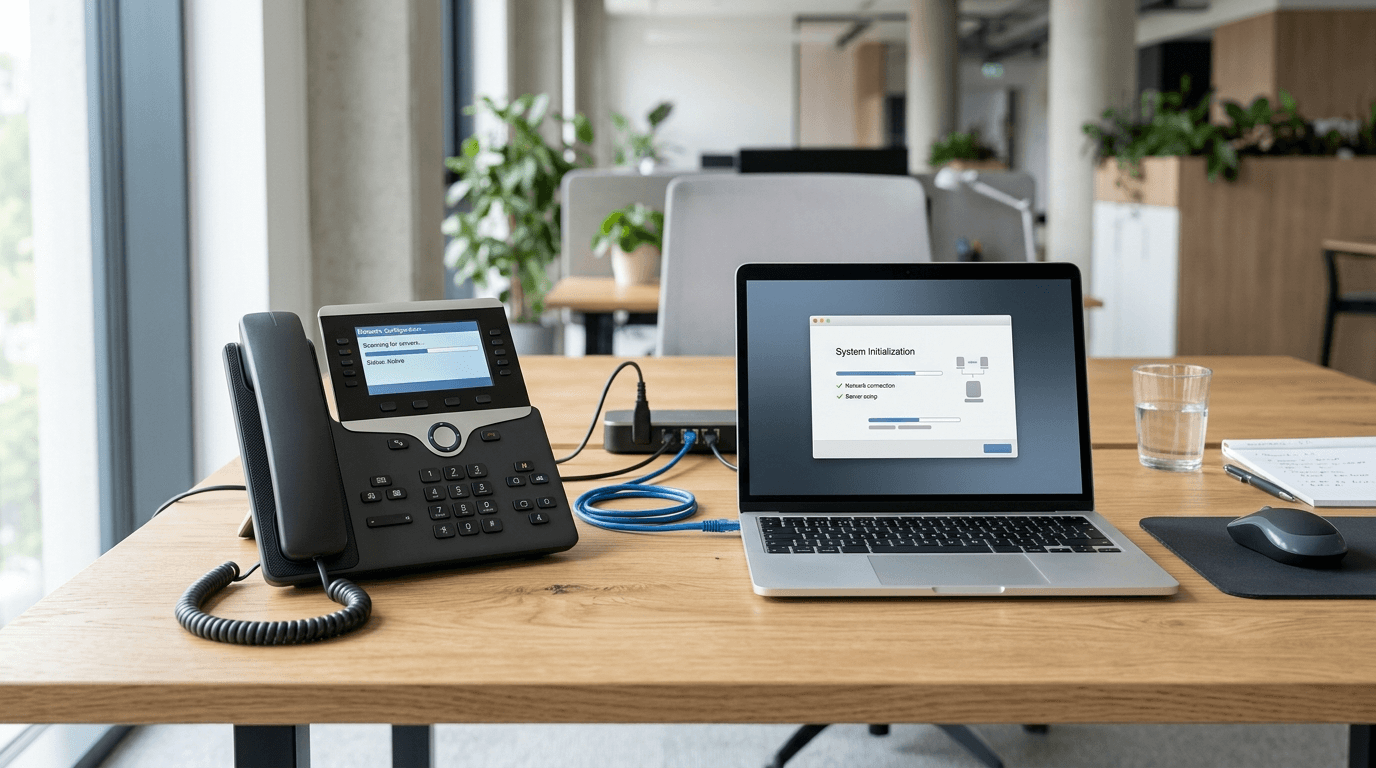 IP desk phone and laptop on a modern office desk