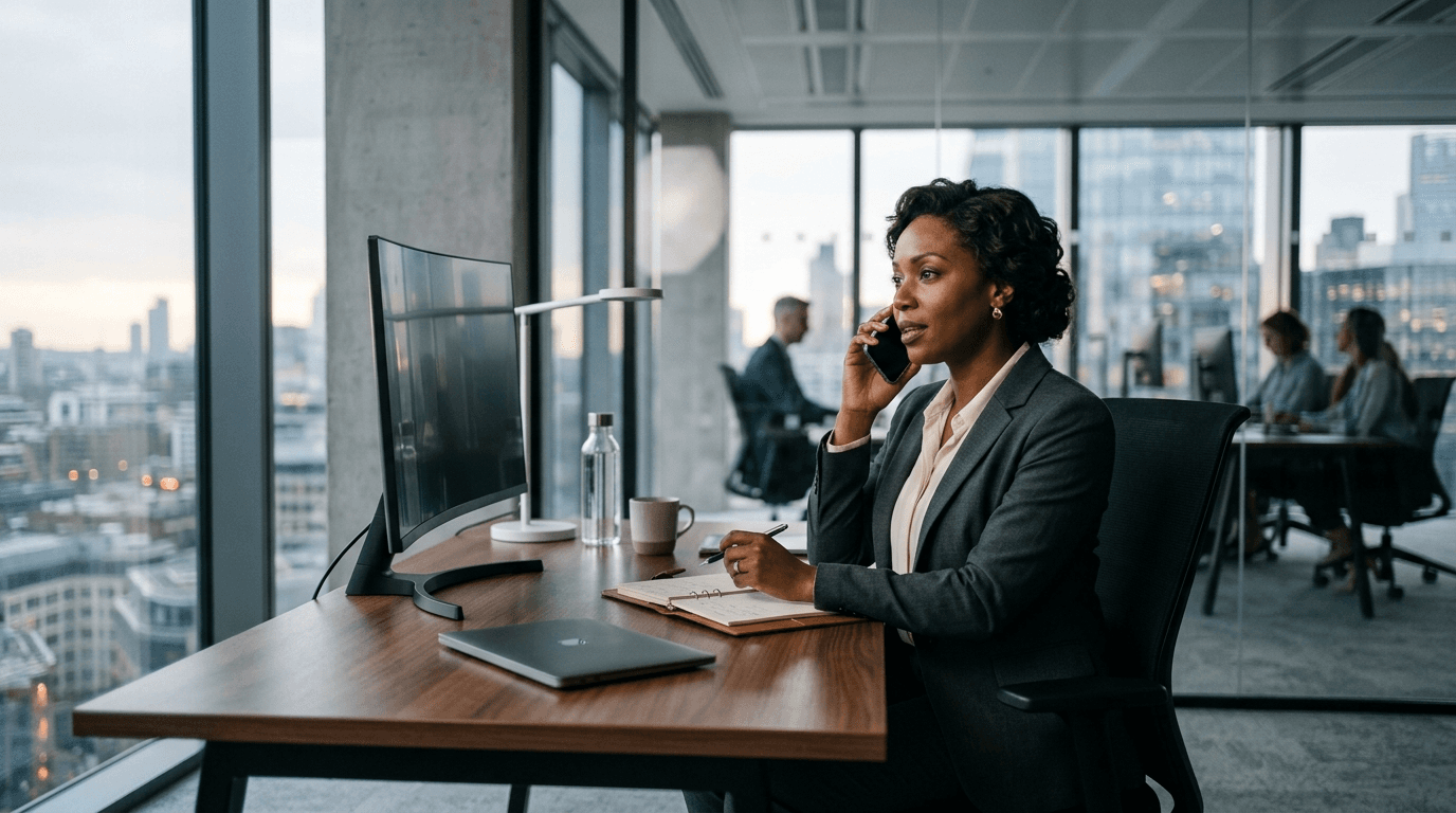 Business professional on a phone call at a modern office desk