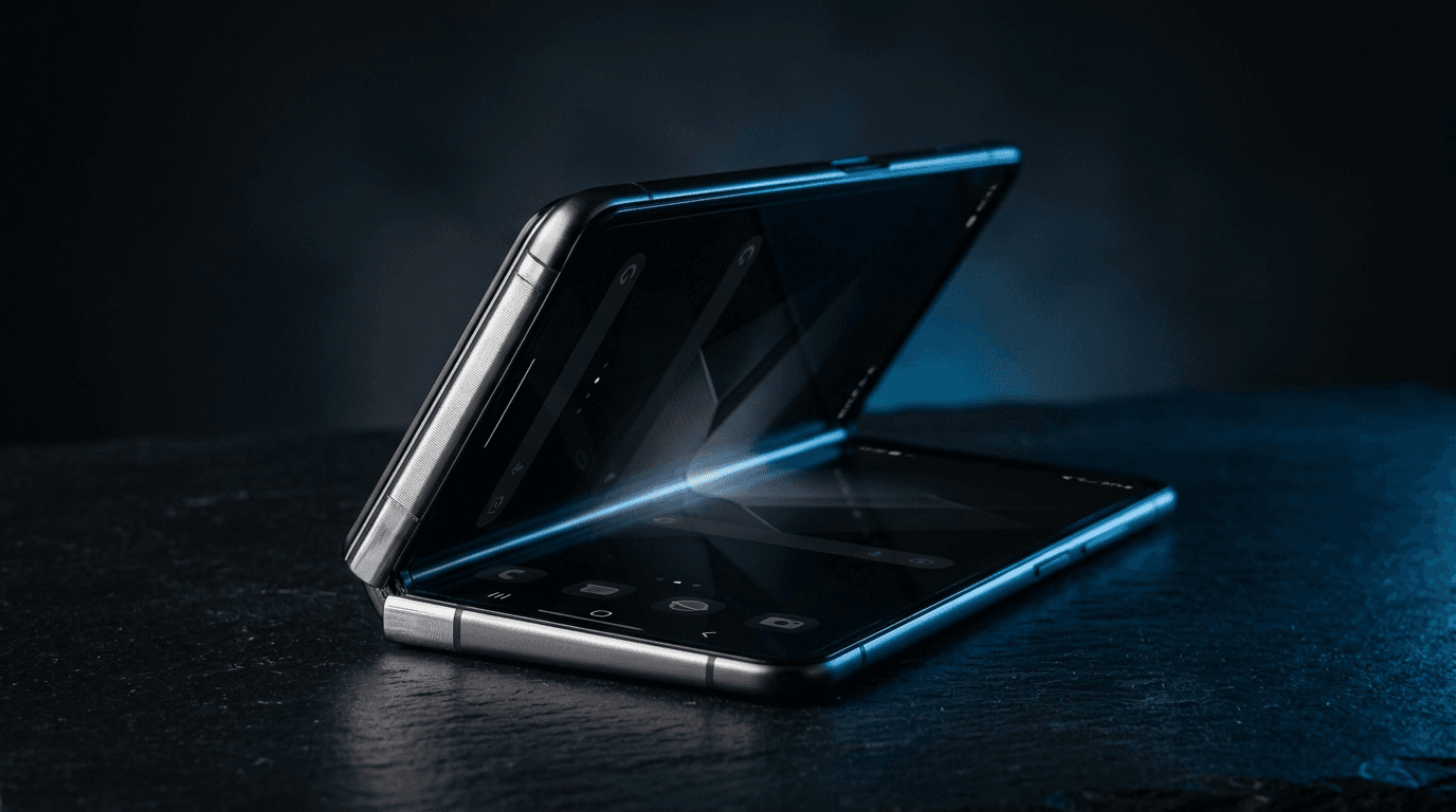 Foldable smartphone partially opened with dramatic lighting