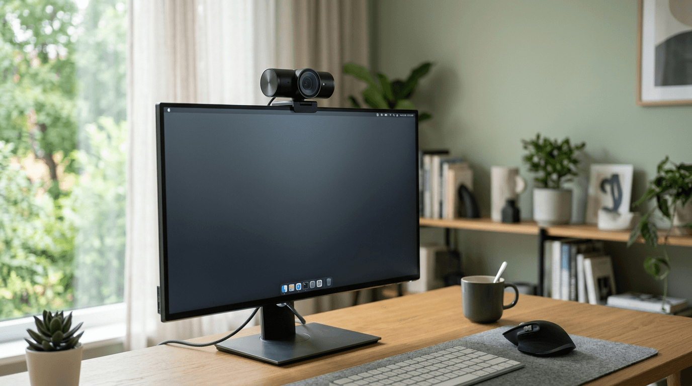 Premium webcam mounted on a monitor in a home office