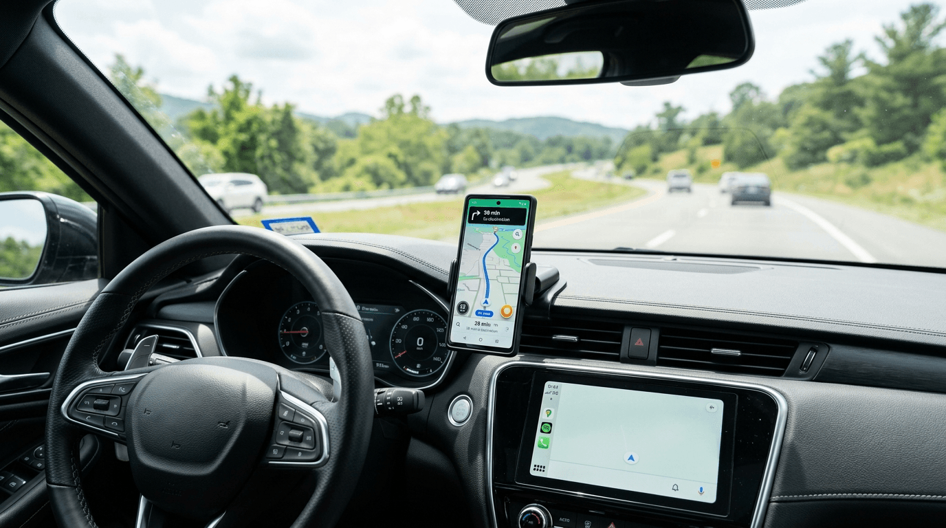 Smartphone mounted in car dashboard mount