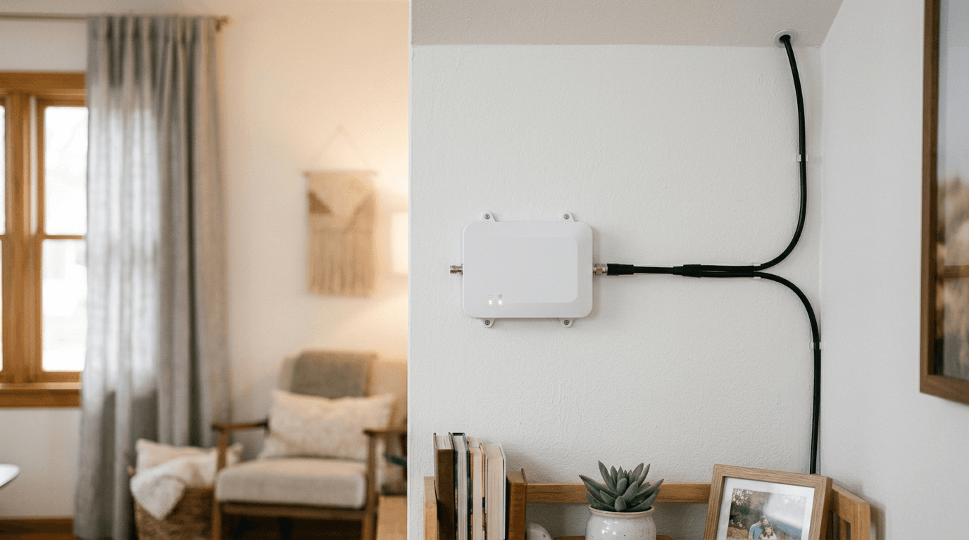 Cellular signal booster device mounted on a wall