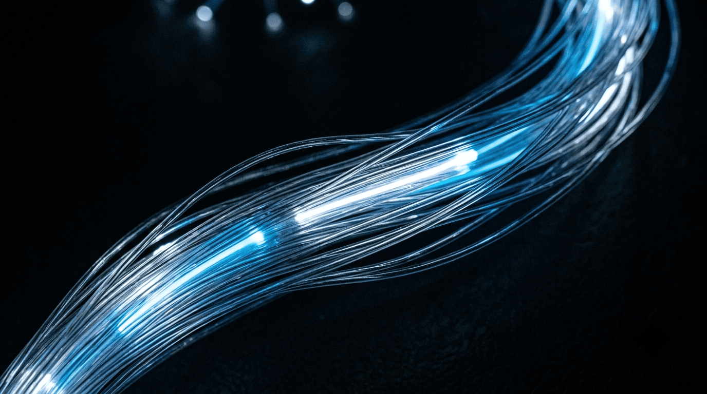 Glowing fiber optic cables with light pulses traveling through them