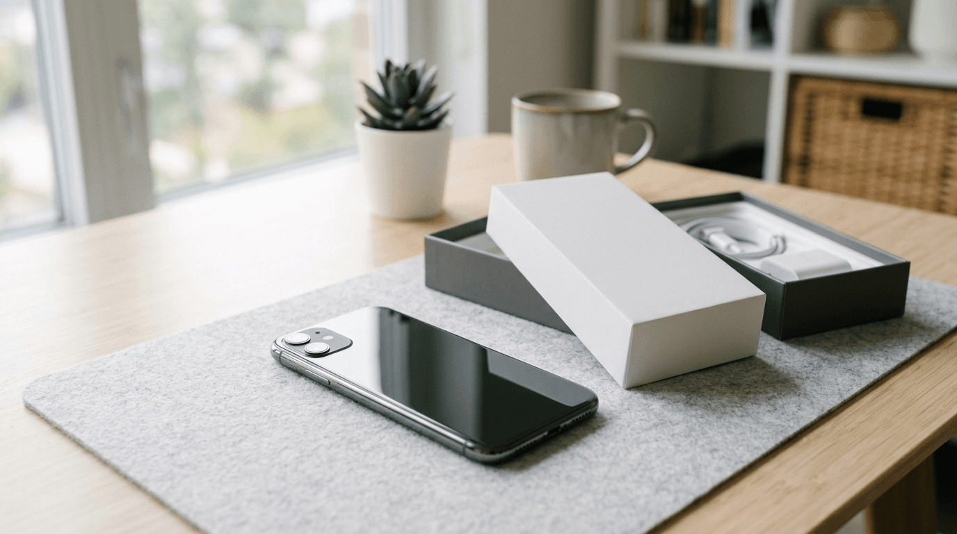 Refurbished smartphone in pristine condition with packaging
