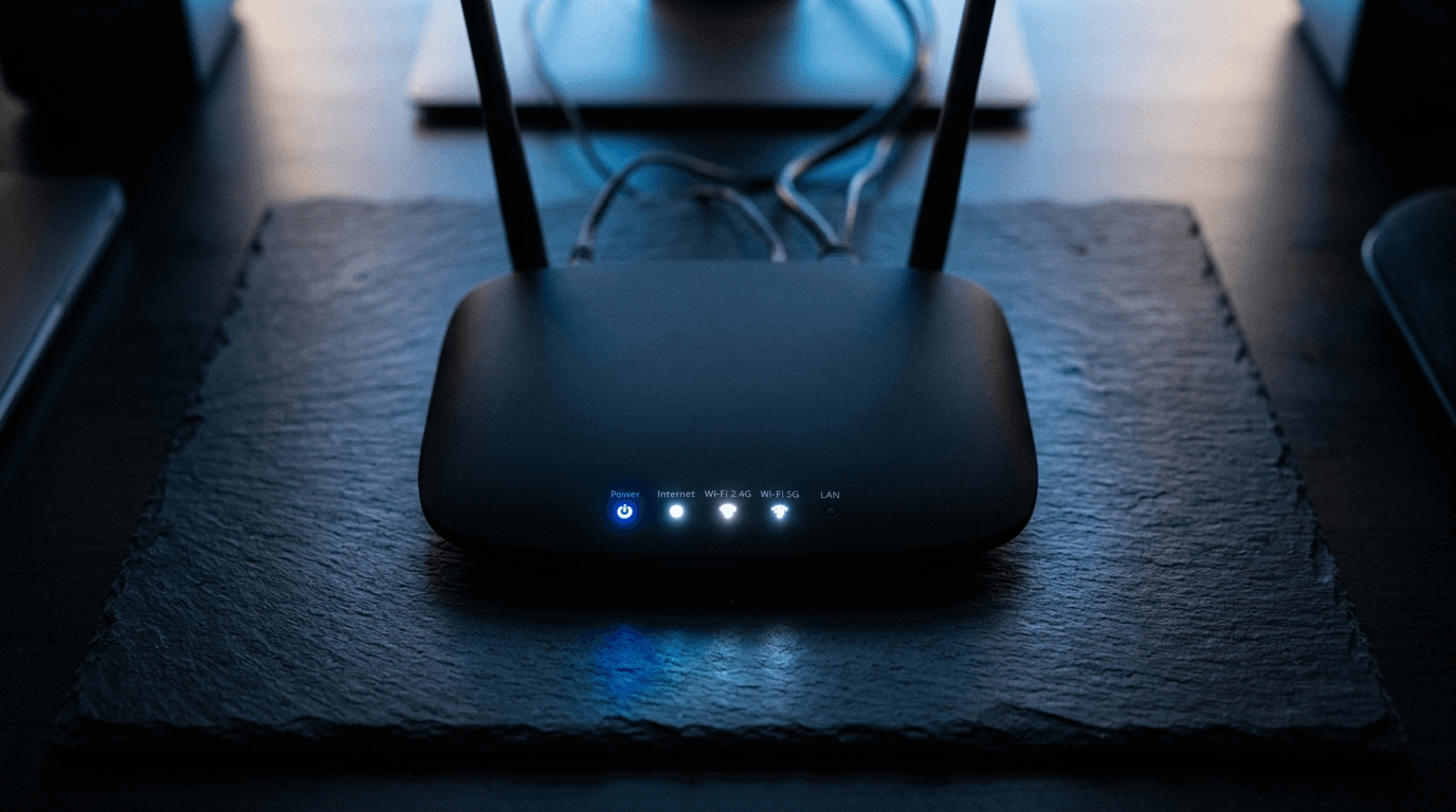 Home Wi-Fi router with glowing LED lights
