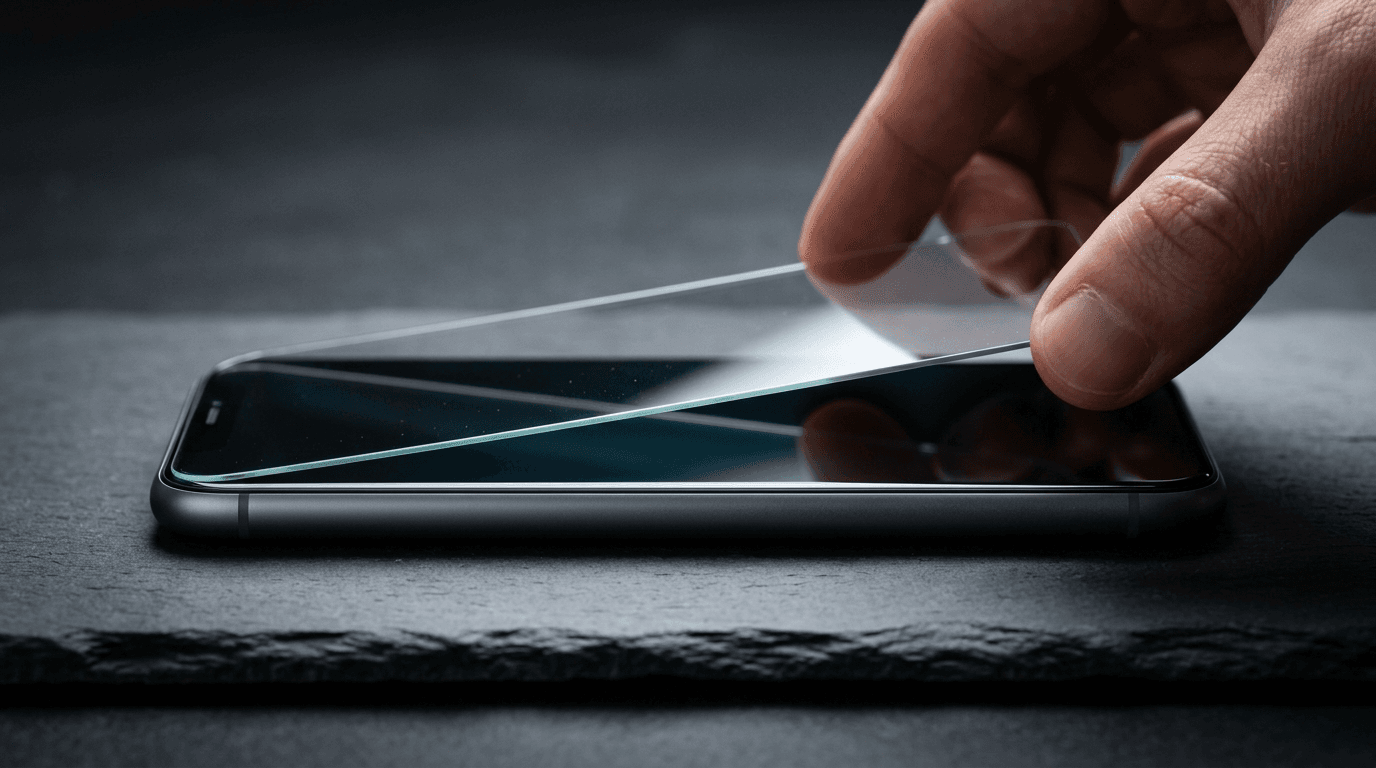 Smartphone with glass screen protector being applied