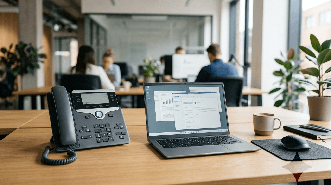 Desk phone and laptop in a professional office setting