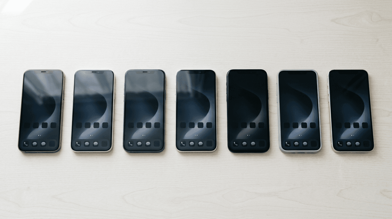 Multiple smartphones arranged in a row on light surface