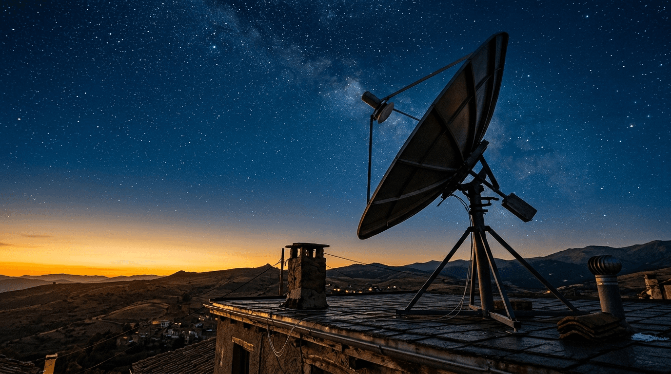 Starlink-style satellite dish on a rooftop at dusk
