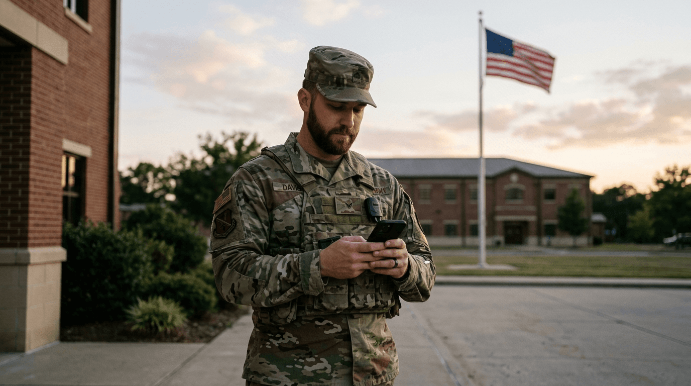 Service member holding a smartphone