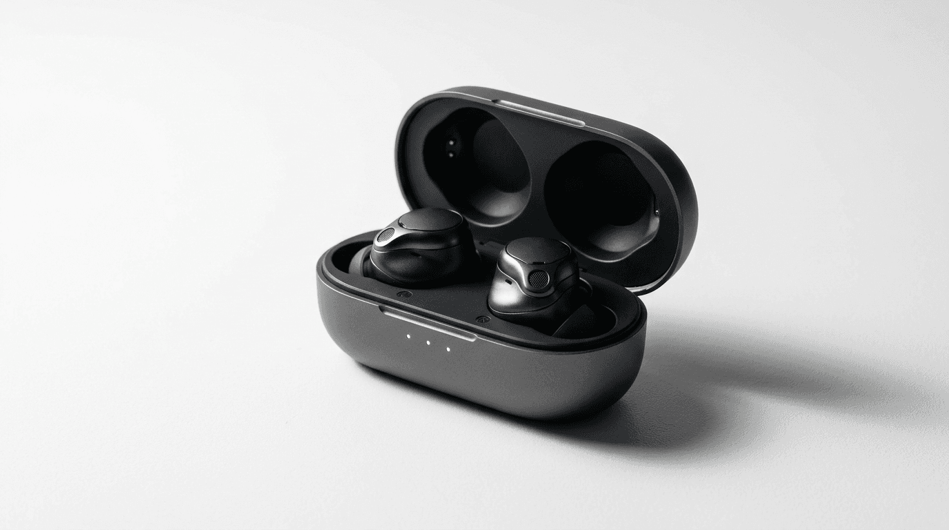 Premium wireless earbuds in a charging case