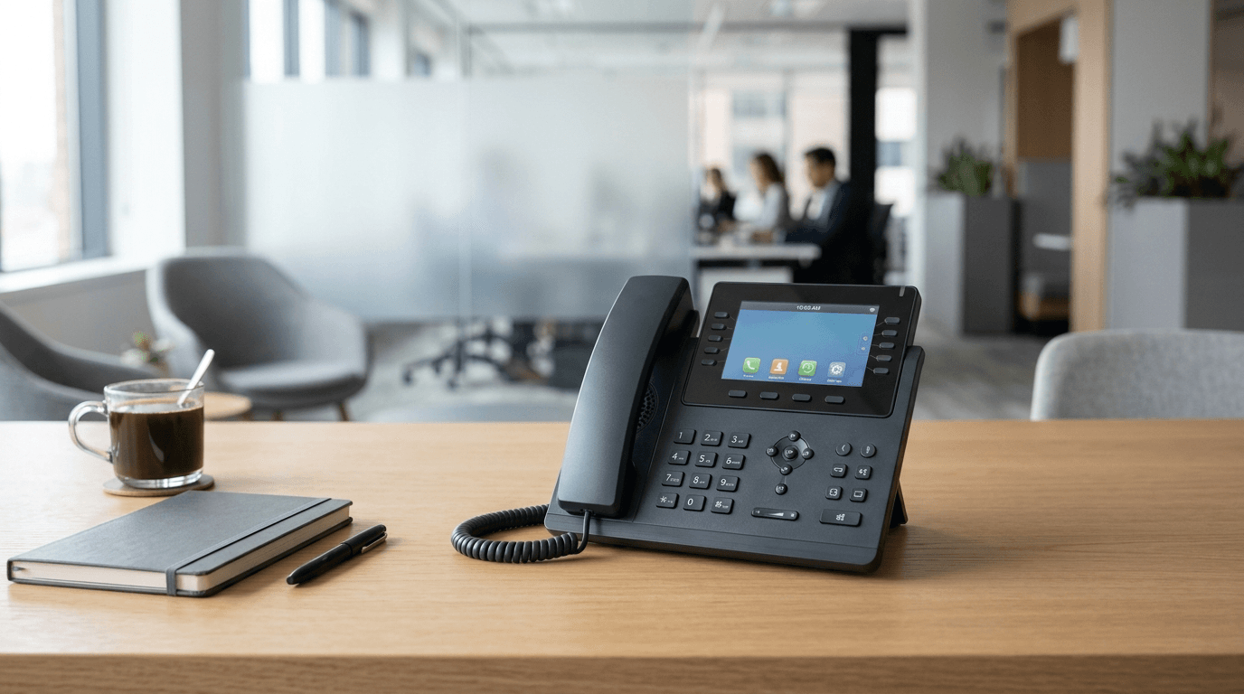 Modern IP desk phone in a corporate office setting
