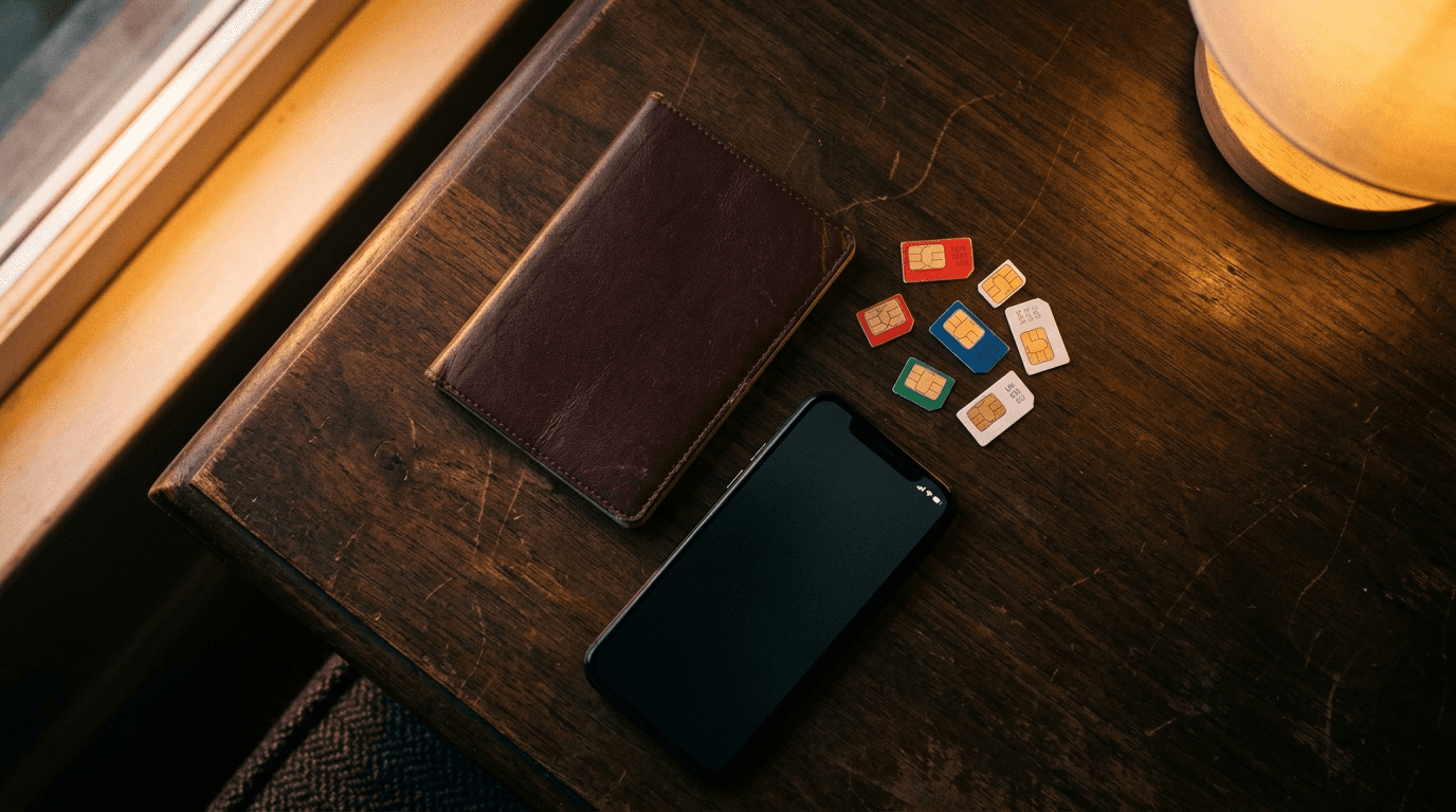 Passport, SIM cards, and smartphone arranged for travel