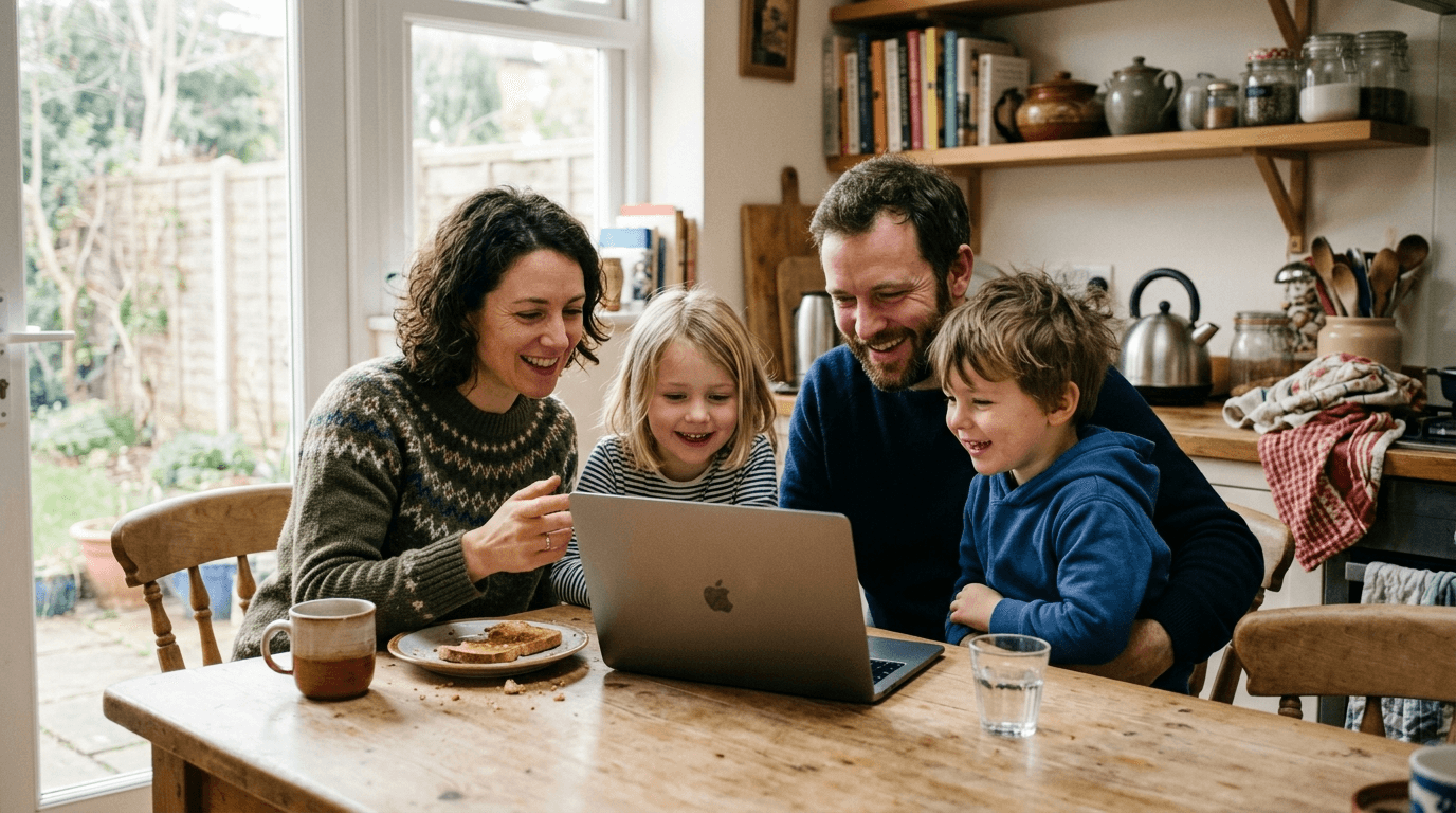Family using a laptop together at home